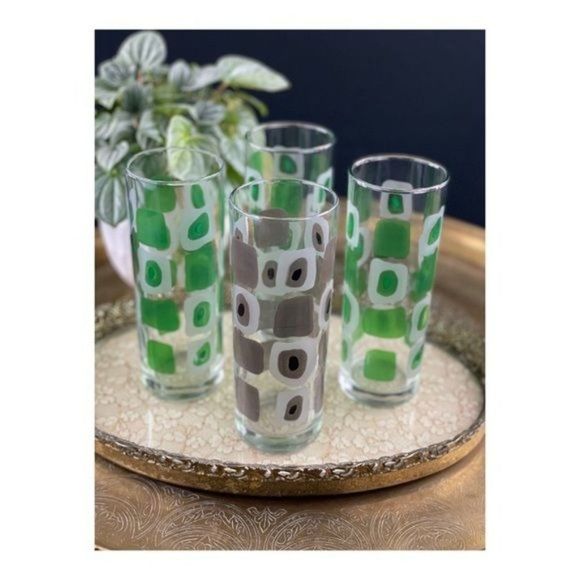 Vintage Cerve Tumbler Glasses Circle Omoeba Italy Set Of 4 Green Grey MCM Rare